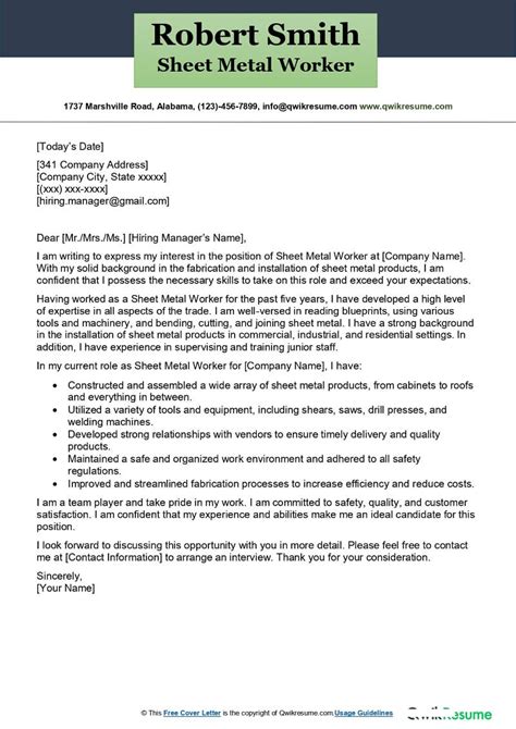 cover letter for sheet metal worker